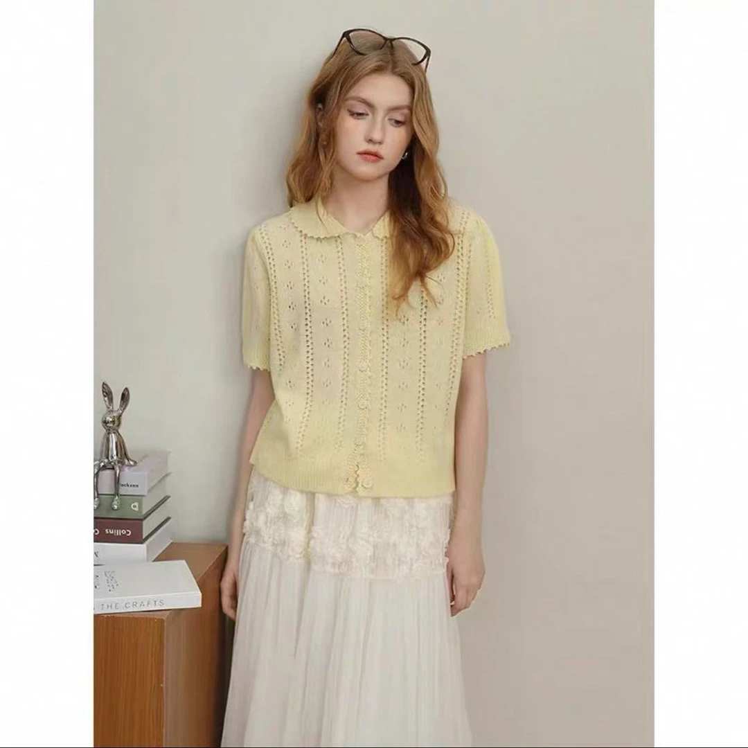 2025夏季新款娃娃领镂空时尚针织短袖开衫大码宽松显瘦上衣G632#