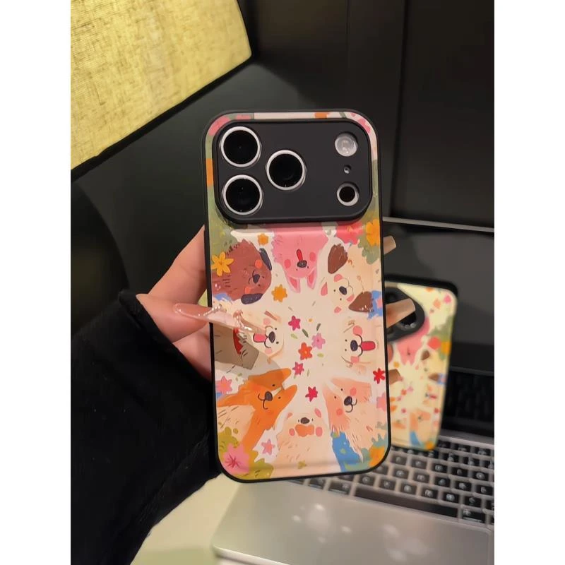 花丛狗狗适用苹果17pro手机壳16PM肤感皮纹oppo防摔华为p70小米15