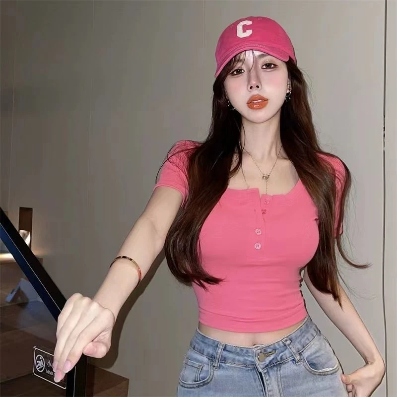弹力紧身纯欲风短袖t恤女夏季修身短款高腰露脐洋气减龄辣妹上衣