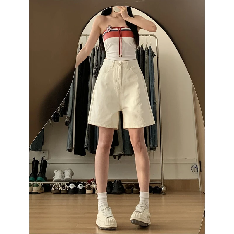 设计感杏色牛仔短裤女2025夏季薄款宽松显瘦休闲百搭阔腿五分裤子