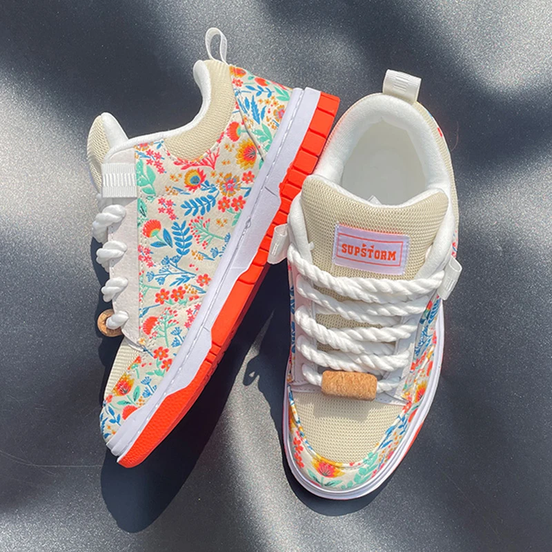 秋季新款米白色花开富贵面包鞋休闲男鞋潮流爆款情侣潮鞋印花板鞋