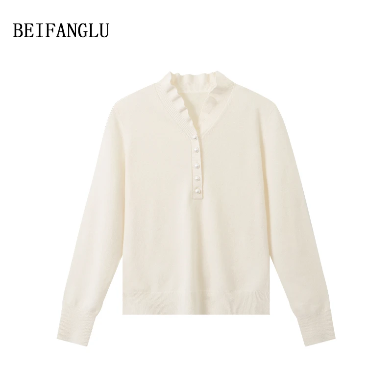 北方鹿【100%绵羊毛】法式优雅气质木耳花边领女士羊毛针织衫251468