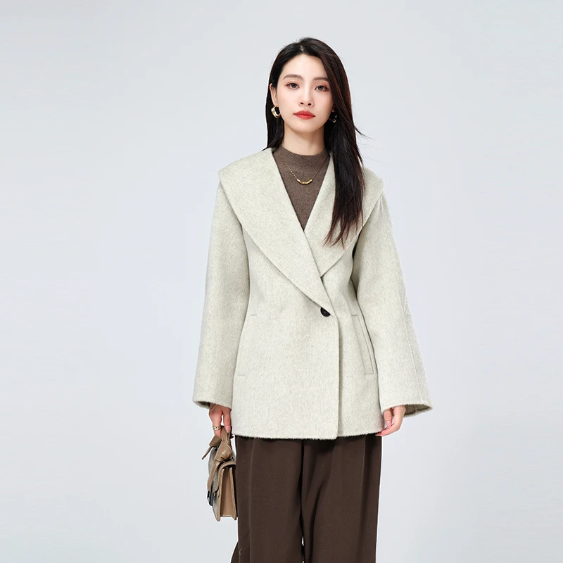 双面呢大衣短款双面呢大衣短款时尚休闲宽松中长款灰色翻领88217