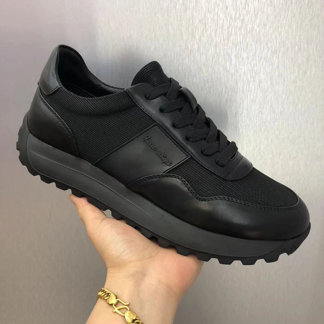 2025真皮网面夏季休闲男皮鞋系带男鞋韩版休闲厚底百搭黑色男士鞋