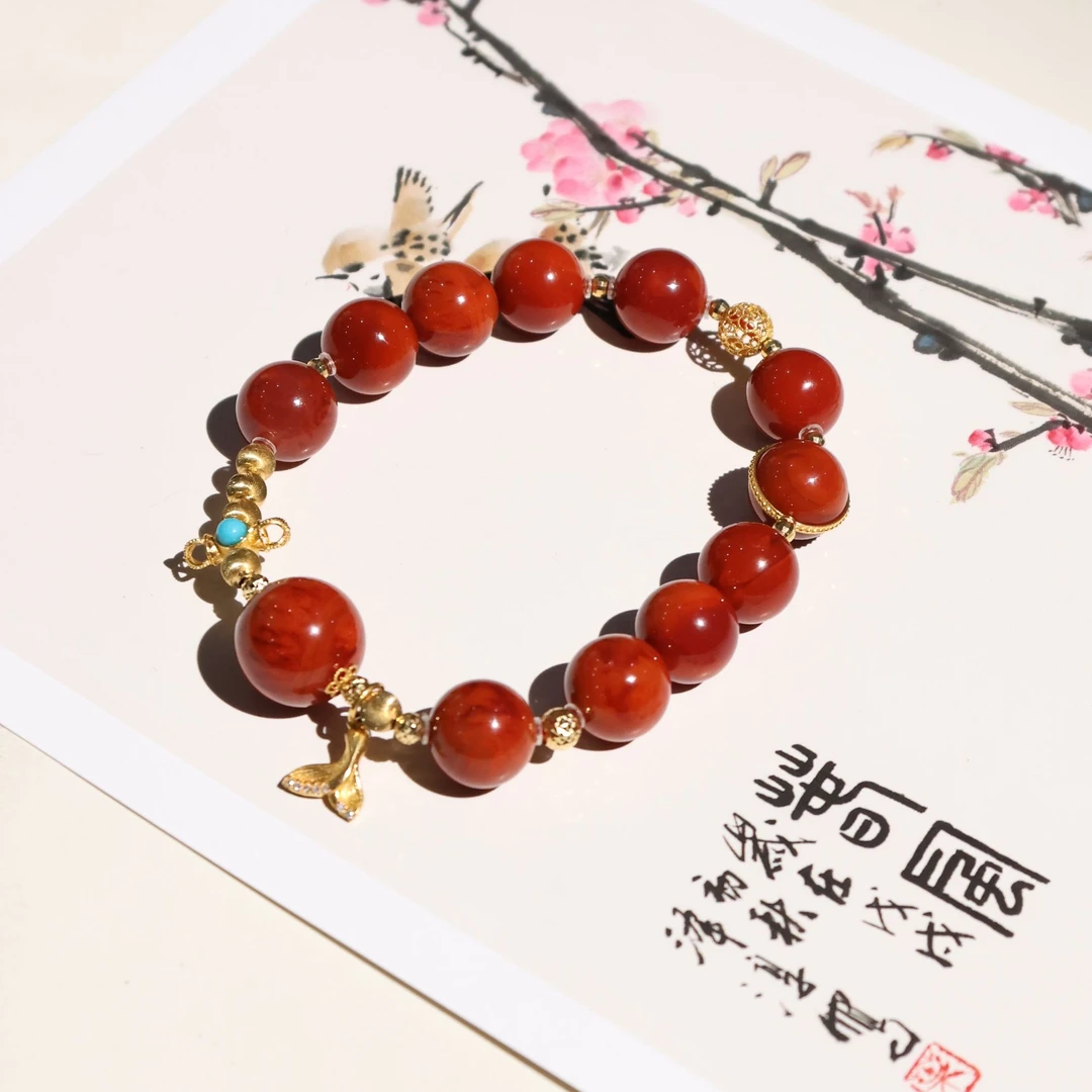 南红手链*18k金镶嵌*绿松石*鱼尾