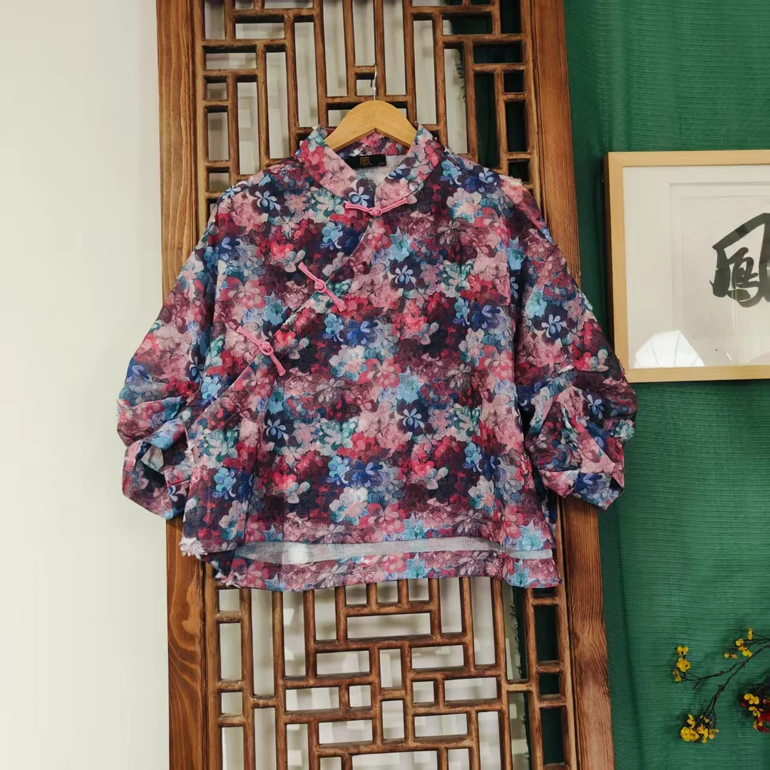 凤徕兮私人定制粉蓝色暗纹褶袖斜襟盘扣短上衣  （LS488-9）