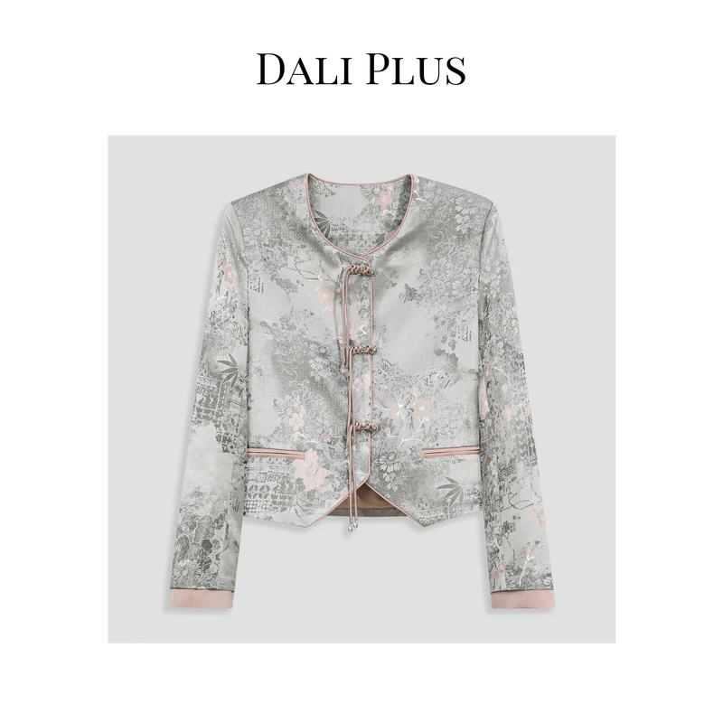 DALI PLUS新中式新国风气质银灰粉提花盘扣设计上衣外套-D4XX0041
