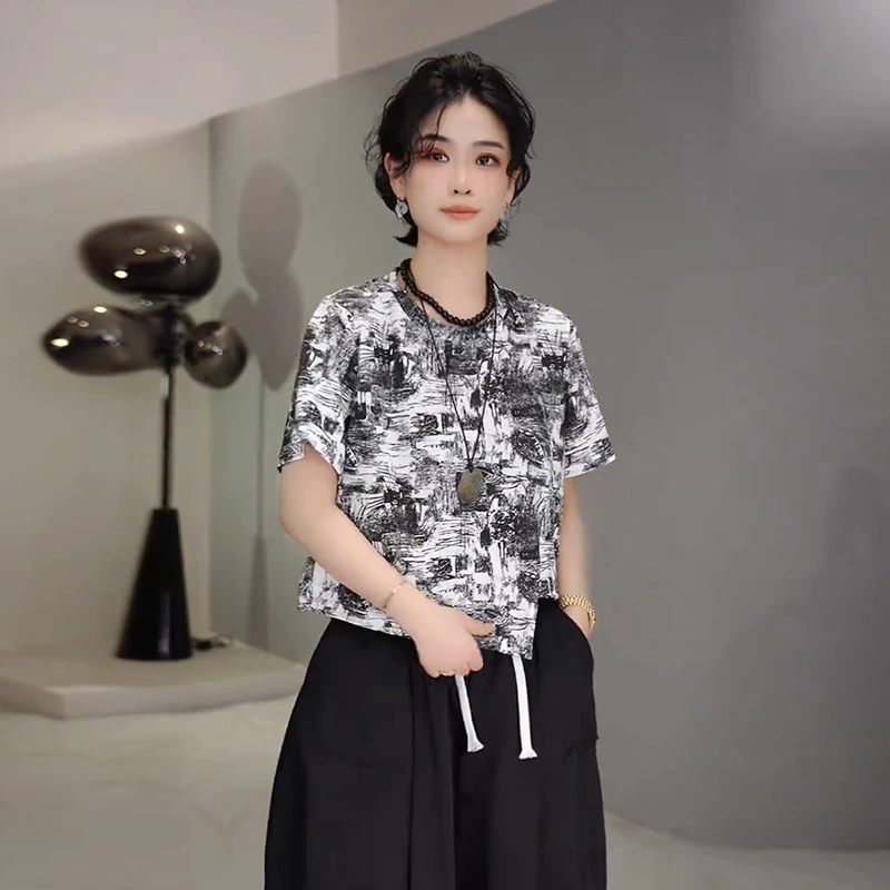 气质花纹简约设计感T恤2025新款韩系不规则淑女洋气遮肉显瘦上衣
