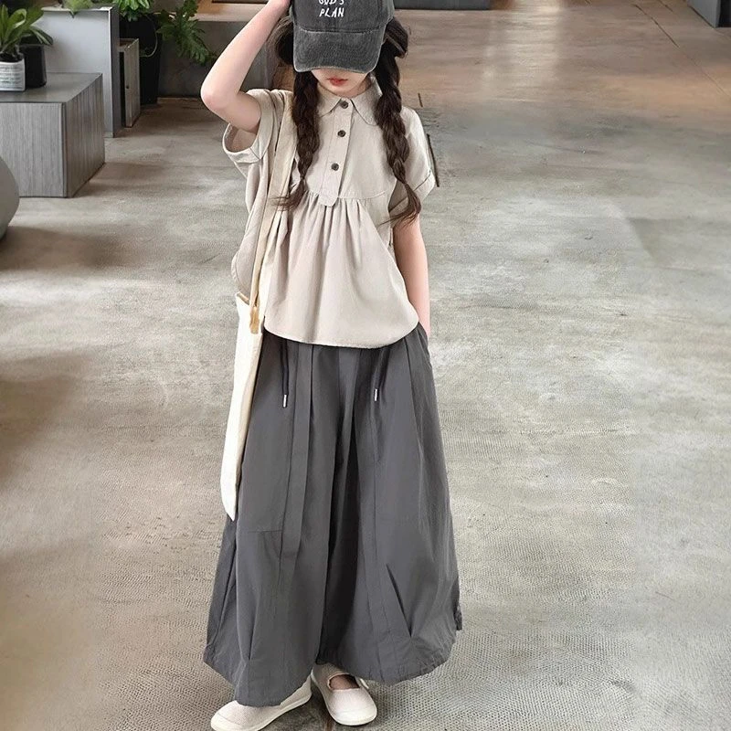 儿童休闲套装2025新款韩版洋气时髦中大童POLO领衬衫阔腿裤两件套