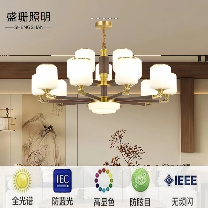 盛珊照明百丈竿头全铜实木别墅挑空吊灯复式客厅酒新中式灯具