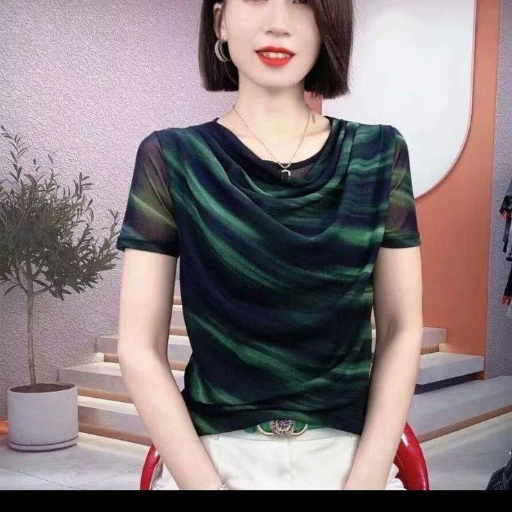 81365极光堆堆领网纱短袖时尚百搭显瘦减龄气质上衣夏季透气小衫