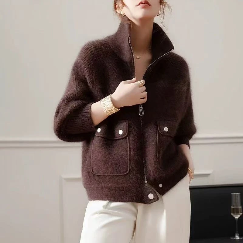 【口袋拉链】咖啡色显瘦百搭毛衣秋冬宽松高领针织开衫女