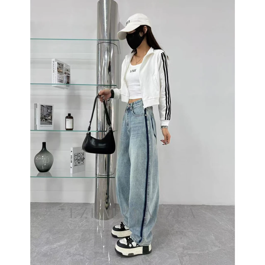 EZ7311 【夏季新款】中高腰美式显瘦无弹水洗软牛仔老爹堆堆裤