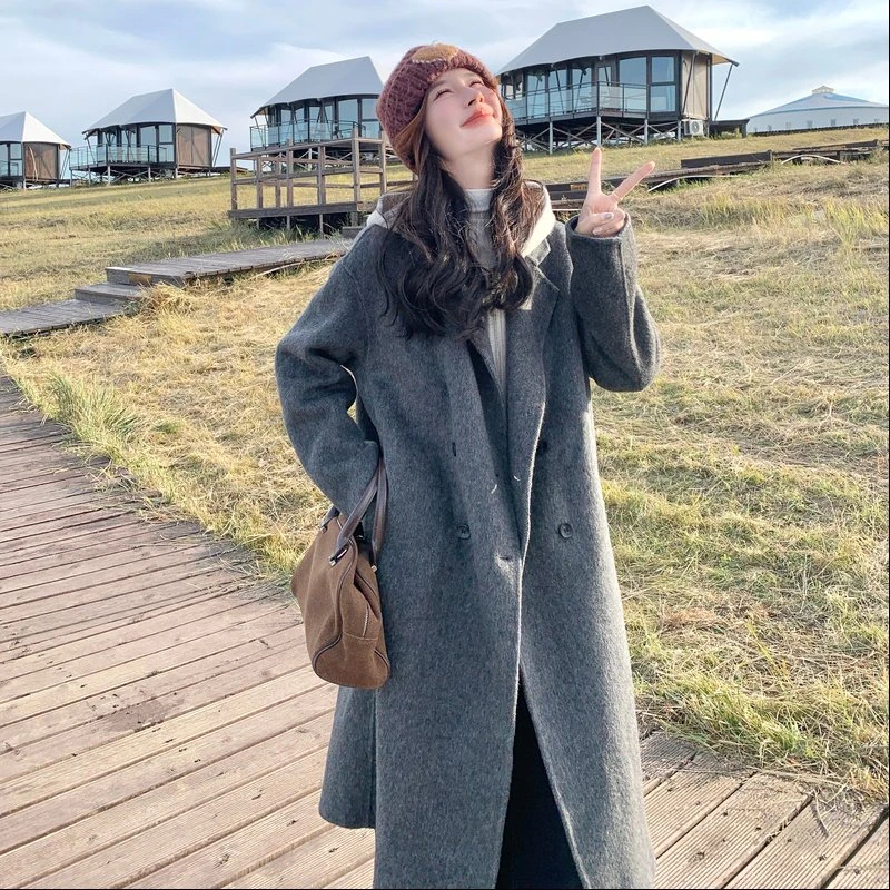 假两件拼接连帽毛呢外套女冬2025新款韩系气质中长款双面羊毛大衣