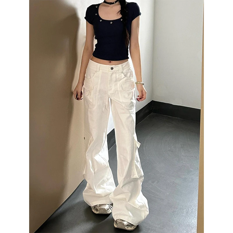 白色多口袋工装裤女夏季新款美式高街辣妹直筒宽松阔腿休闲长裤子