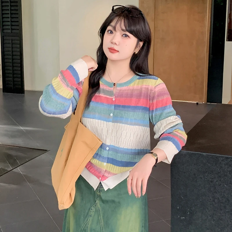 促大码女装圆领彩色长袖上衣女外套2025秋款胖mm宽松针织开衫秋季