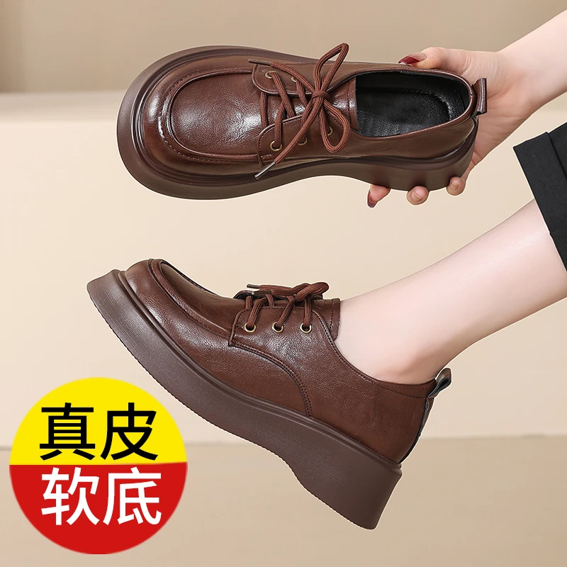 单鞋女款2025新款爆款百搭洋气舒适真皮厚底豆豆鞋休闲平底鞋子女