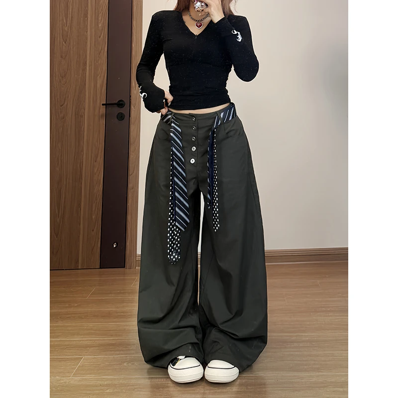 番茄妹妹Tomatosister 韩版领带腰绳设计单排多扣百搭宽松阔腿裤