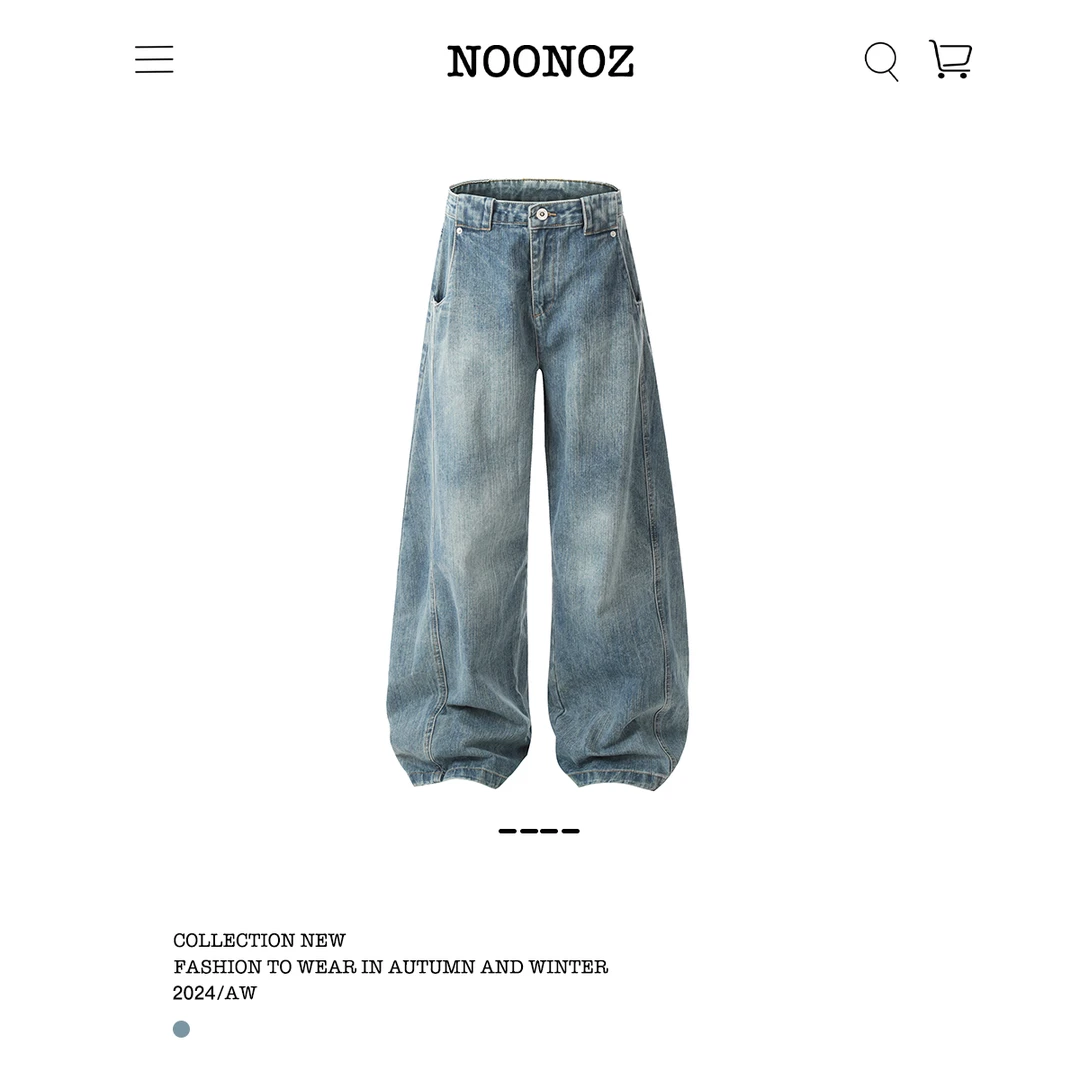 NOONOZ潮牌弯刀牛仔裤男做旧复古水洗显瘦竹节爆裂纹阔腿休闲长裤