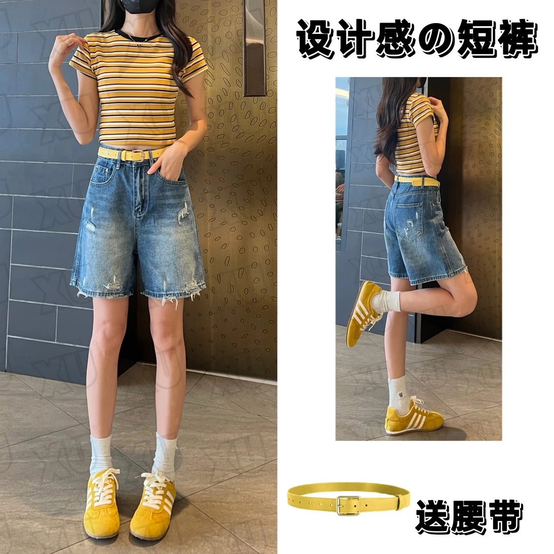 【送腰带】夏季薄款复古休闲显瘦直筒百搭高腰五分牛仔短裤女7532 Q