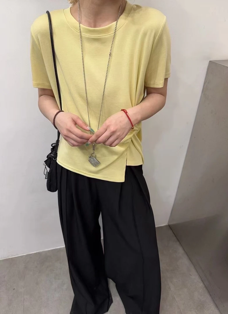 2158短袖扭结纯色复古不褪色T恤休闲设计感时尚夏季百搭宽松圆领