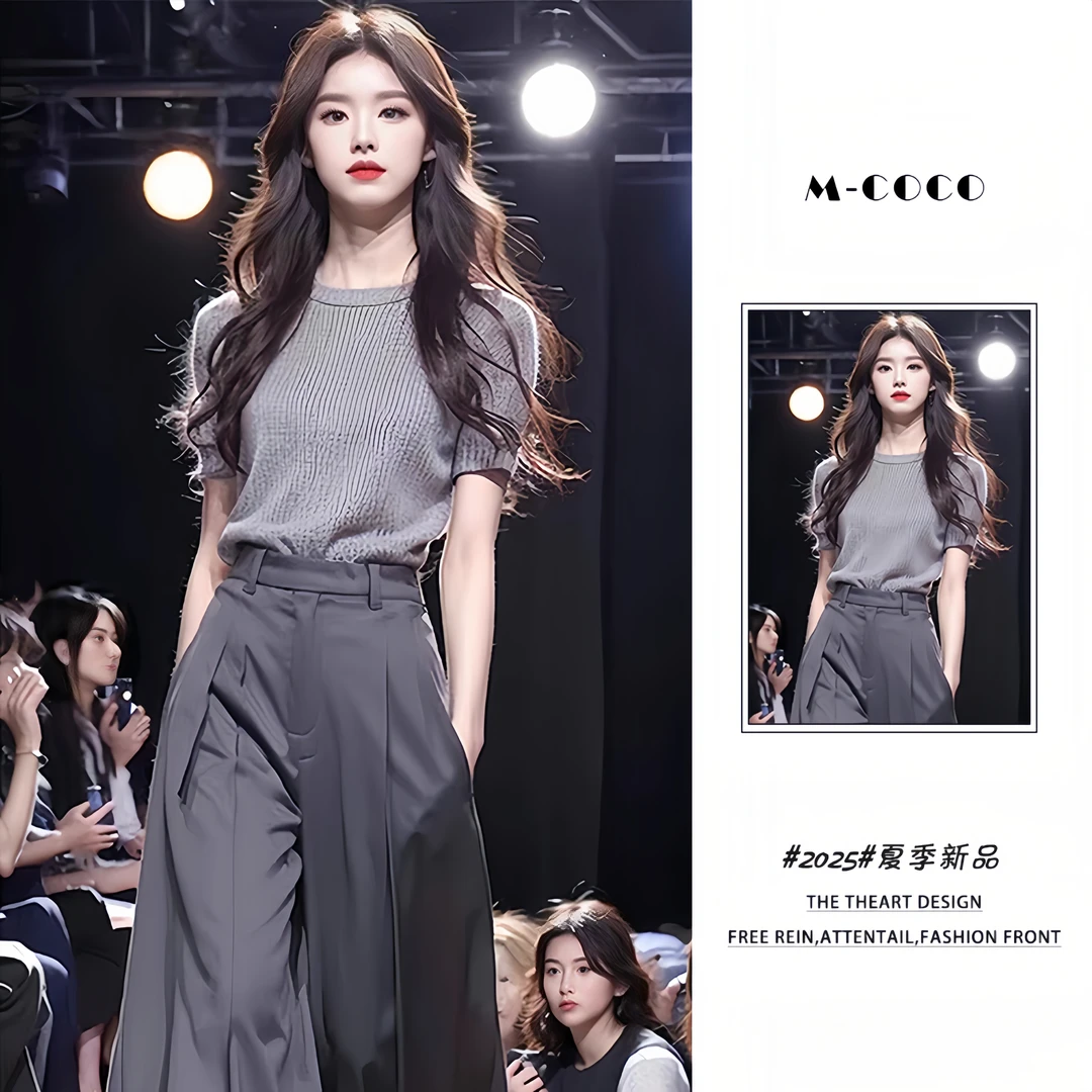 韩系穿搭一整套2025超火新款灰色短袖针织衫搭配西装阔腿裤两件套