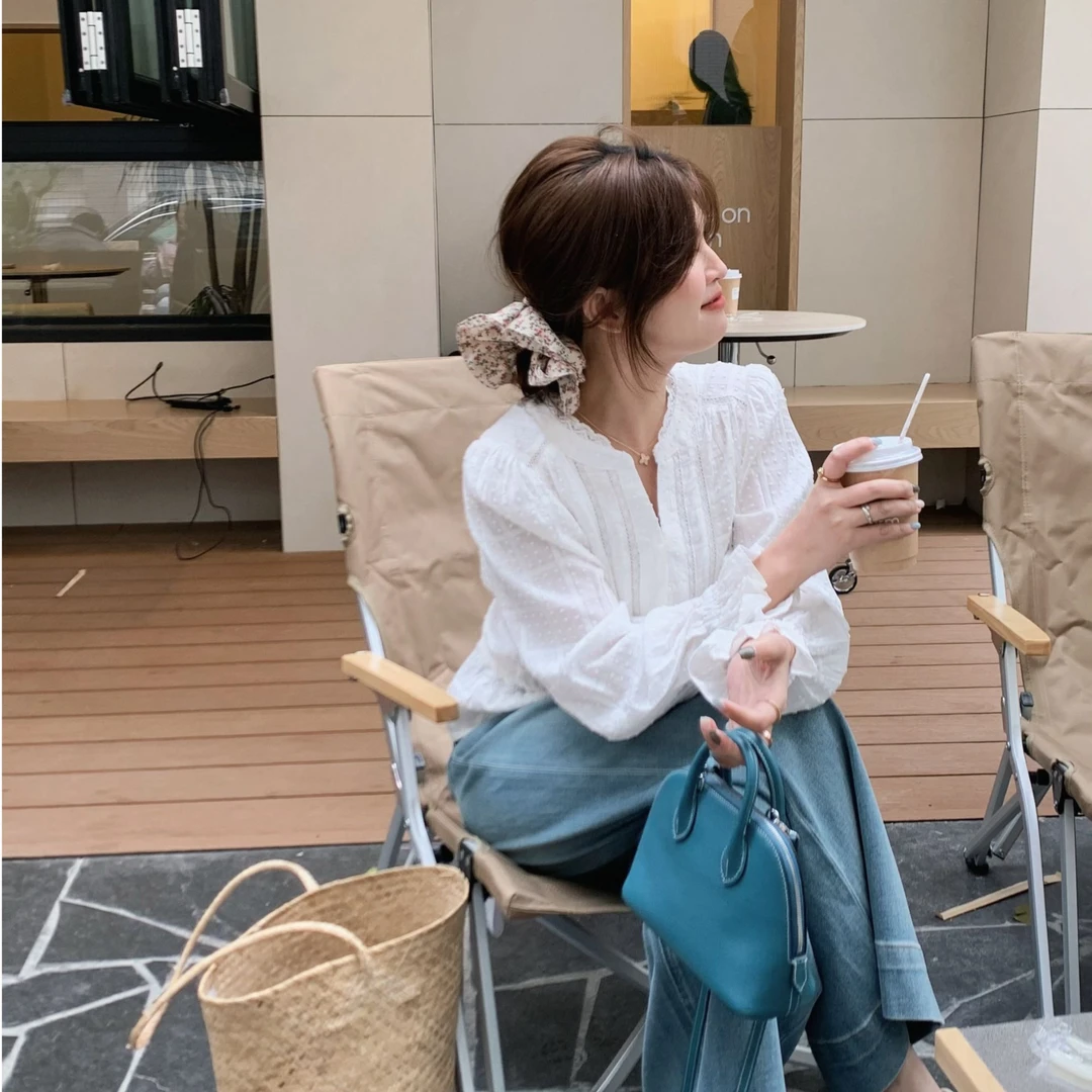 漫姐的店现货【贝莉日记】韩版蕾丝花边设计感白色宫廷短款显瘦衬衫