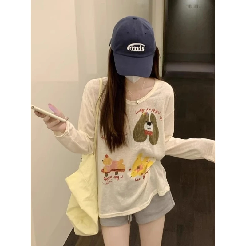 卡通印花圆领宽松显瘦外搭长袖春夏季女韩版慵懒风防晒罩衫上衣