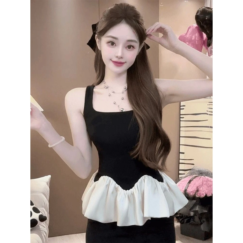 运补6法式拼接荷叶边吊带背心女2025夏季小个子高级感拼色修身