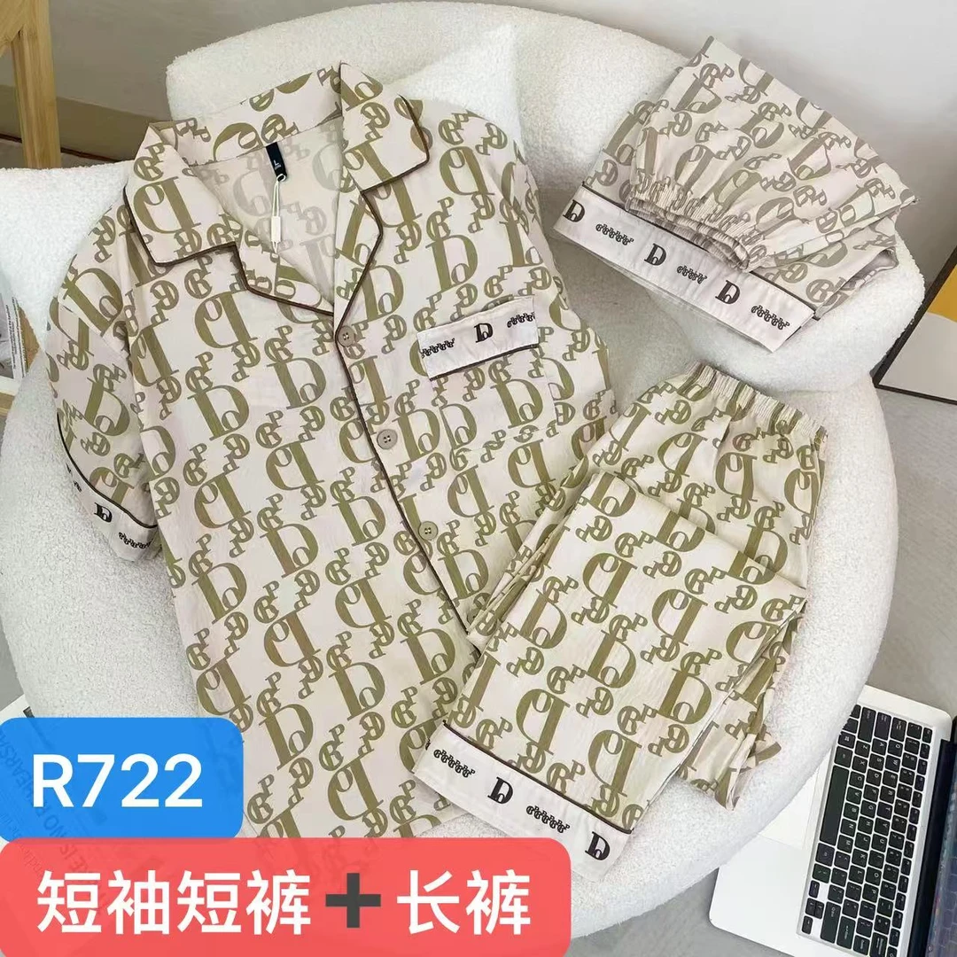 R722夏季三件套字母满印男士短袖+短裤+长裤家居服套装