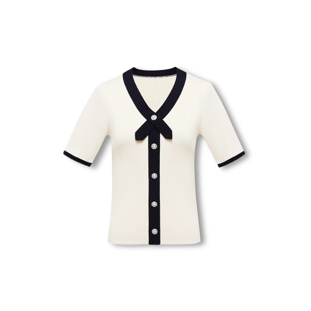 【雅Y订单】2025夏季轻奢时尚气质撞色V领短袖针织衫（9533A）