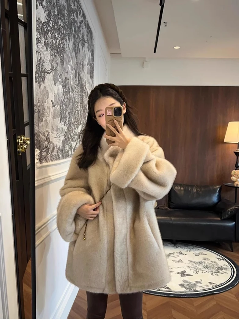 人造皮草 仿水貂毛中长款立领韩版挽袖中古冬季环保毛毛外套
