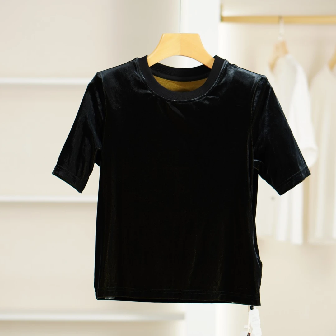 麦迪尚品【崔】50512315 春季时尚简约纯色丝绒短袖上衣品牌撤柜