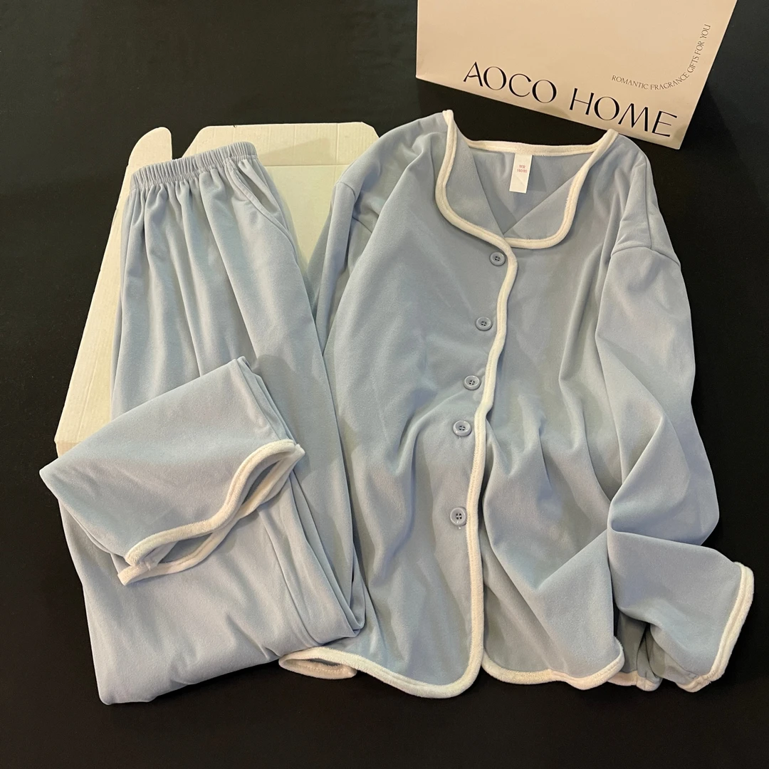 睡衣女春秋季长袖大码德绒2025新款加厚保暖蓝色套装可外穿家居服