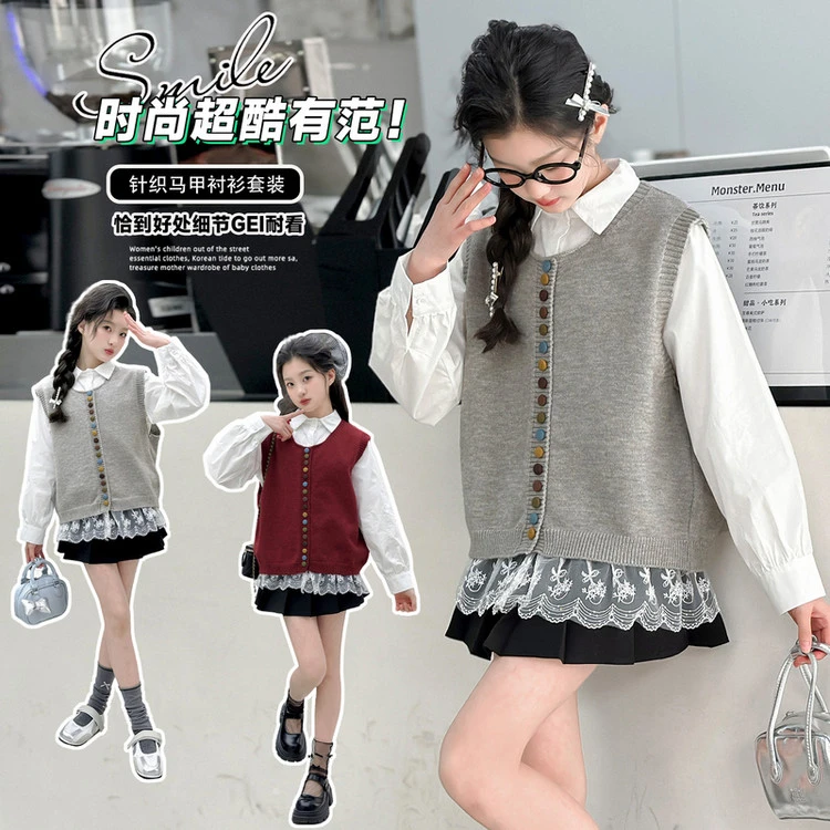灰色格蕾系彩虹扣马甲背心女大童春秋叠穿内搭针织衫毛衣坎肩开衫