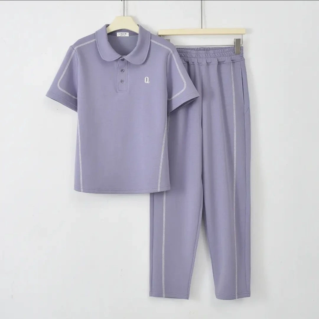 时尚套装女夏季新款明线设计短袖T恤+气质九分裤休闲运动两件套潮