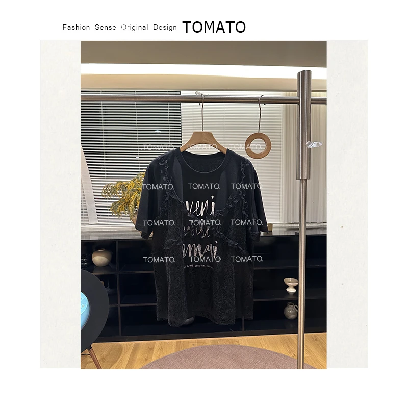 【TomaTo】小尼诺 韩系新款蕾丝花边假两件荷叶边休闲短袖C25T2133