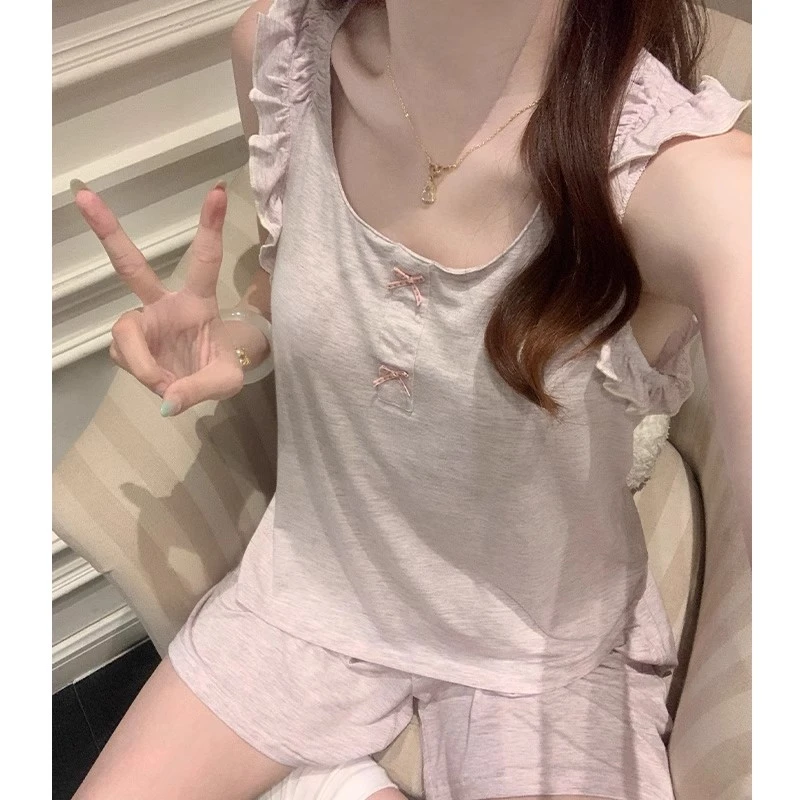 睡衣女款夏季吊带背心2025新款莫代尔带胸垫无袖简约家居服两件套