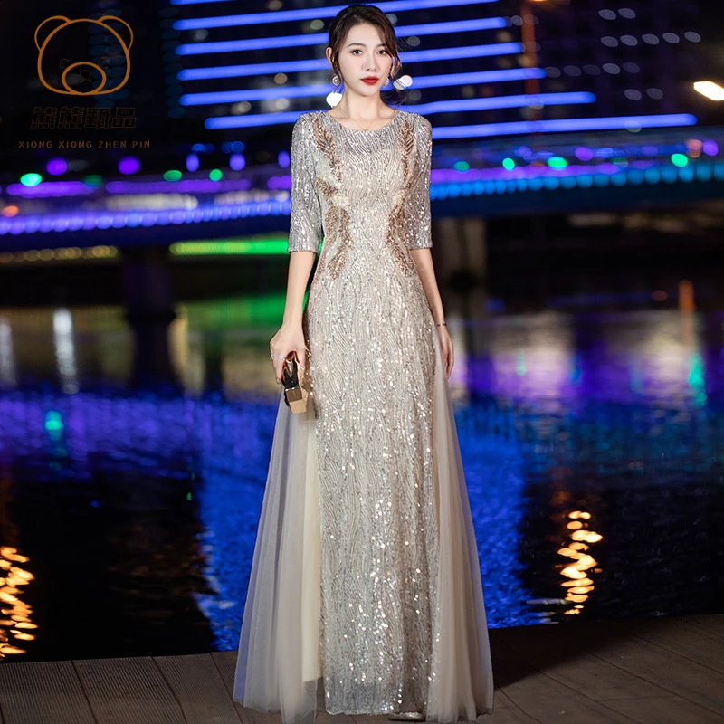 晚礼服女2025新款春秋宴会气质名媛亮片名媛主持人端庄大气连衣qy