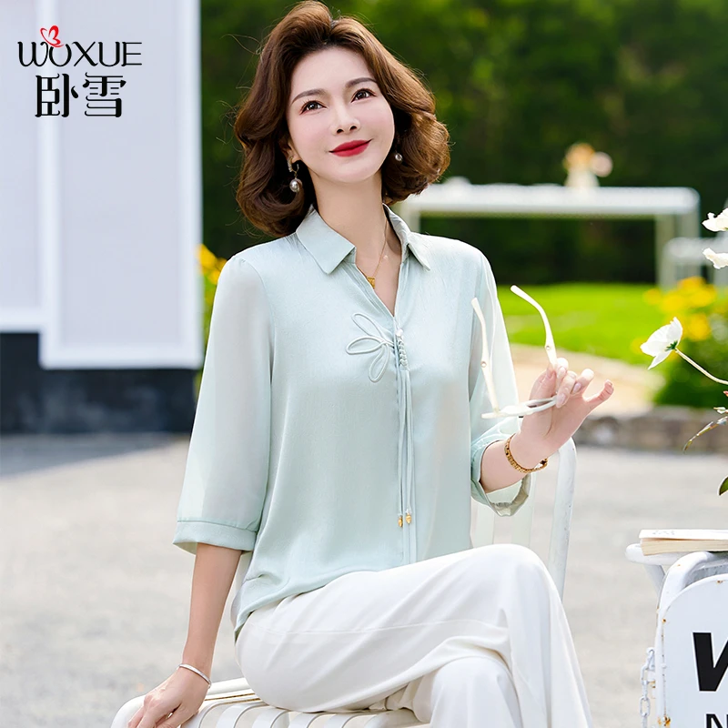 妈妈夏装衬衫洋气套装40岁50中年女士小衫七分袖中老年女雪纺上衣