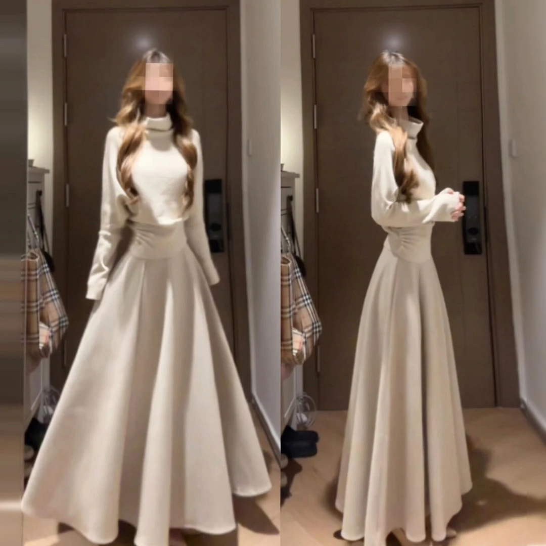 2025新款温柔风半高领针织连衣裙子女秋冬季内搭气质慵懒套装长裙