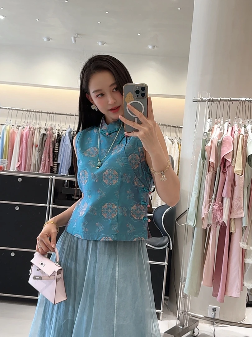 中国风无袖印花收腰马甲