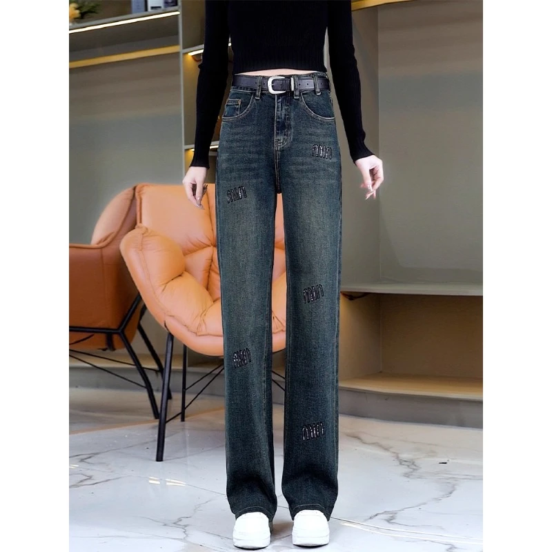 窄版阔腿牛仔裤女秋冬2025新款高腰显瘦休闲复古水泥灰加绒直筒裤