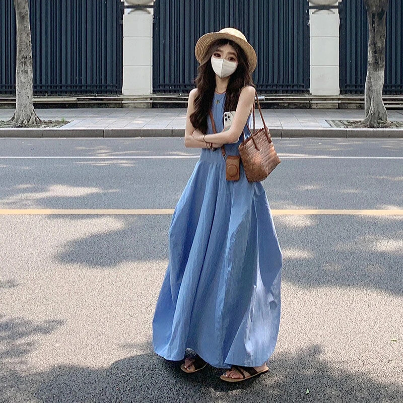 韩系慵懒风蓝色背心连衣裙女夏季高腰气质宽松显瘦中长款字裙子