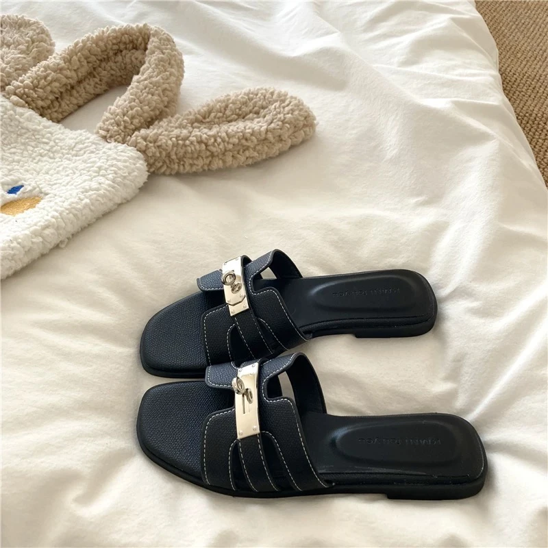 666-8灰色黑色金属扣拖鞋女外穿