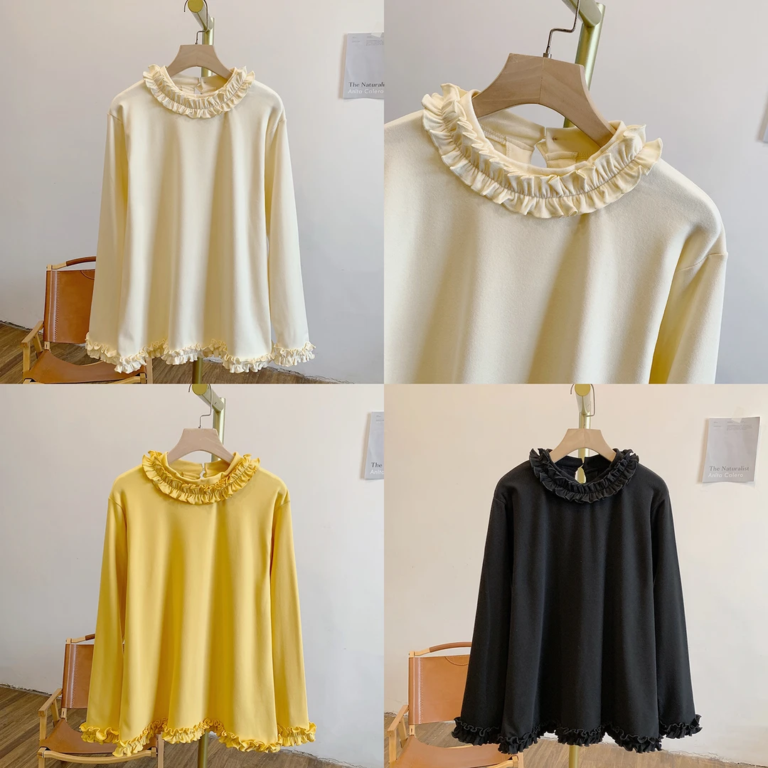 杯子蛋糕C5360磨毛德绒荷叶边立领长袖T恤