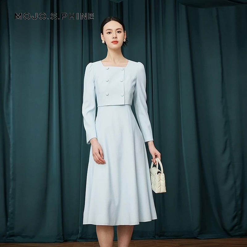 【阳光专属】显瘦气质假两件连衣裙夏季薄款三色双排扣MOGC03WOP019