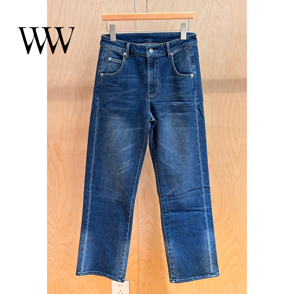 牛仔裤裤子休闲长裤秋冬薄绒蓝色宽松时尚百搭