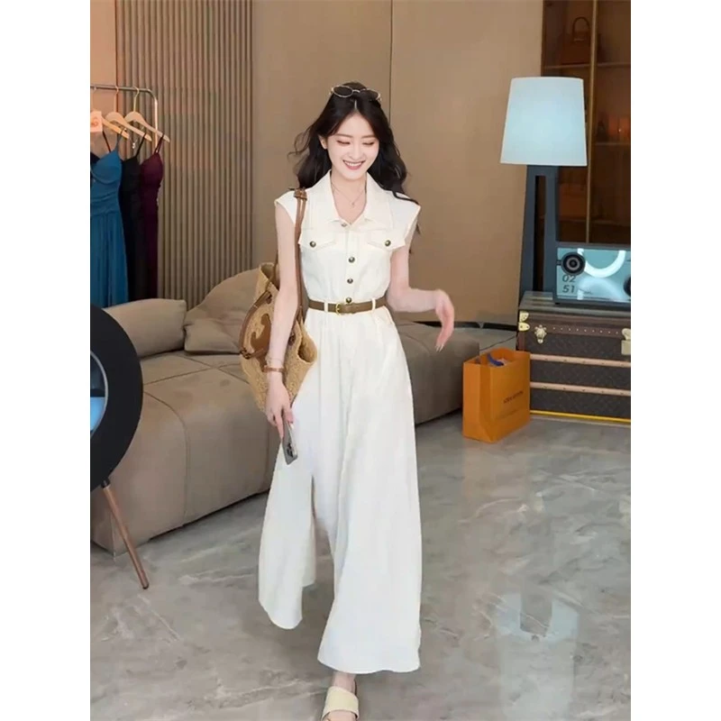 M205 法式翻领无袖衬衫牛仔连衣裙女夏气质设计感修身开叉长裙子