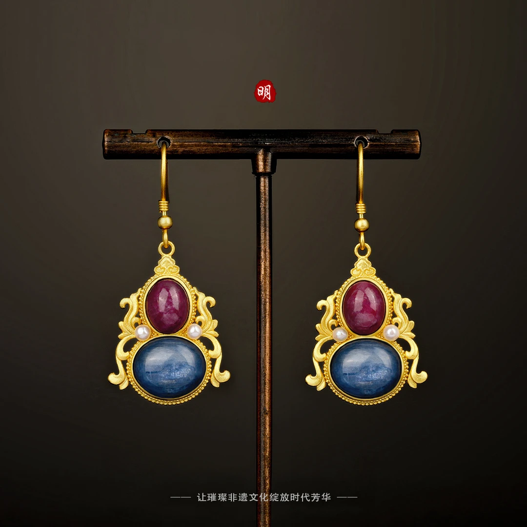 925银耳饰 S925银 江夏堂 高端嵌宝葫芦耳环耳饰小众复古汉服国风